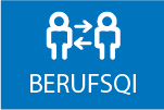 Blauer Button mit Logo und Aufschrift "BerufsQI" (Logo: 2 Personen im Dialog (durch 2 Pfeile dargestellt))