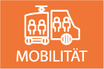 Oranger Button mit Logo und Aufschrift "Mobilität" (Logo: 4 Personen: 2 Personen in Straßenbahn, 2 Personen in ASSIST-Fahrtendienstbus)