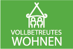 Hellgrüner Button mit Logo und Aufschrift "Vollbetreutes Wohnen" (Logo: 2 Personen in einem Haus (WG))