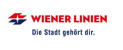 Logo mit rotem Schriftzug "Wiener Linien", darunter blauer Schriftzug mit "Die Stadt gehört dir.". Links daneben befindet sich das eigentlich Logo - ein rot-blaues eckiges Symbol.